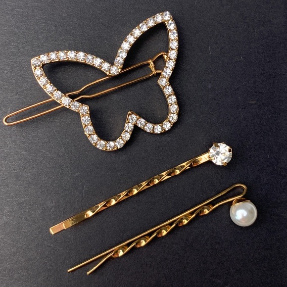My Added Sparkle Accessories - Rhinestone Butterfly & Faux Pearl Hairpins